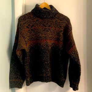 Le Moda Wool Blend Knit Funnel Neck Brown Black Patterned Sweater Size Medium